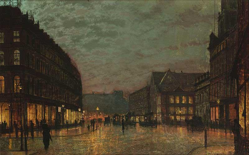 John Atkinson Grimshaw Boar Lane, Leeds, by lamplight. Signed and dated 'Atkinson Grimshaw 1881+' (lower right) signed and inscribed with title on reverse oil painting picture